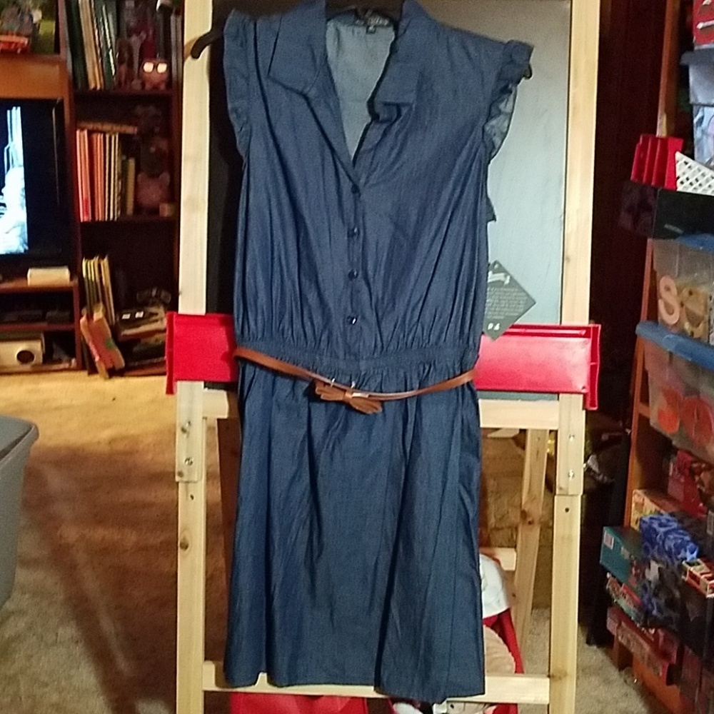 BeBop Denim Bow Belted Ruffled Sleeves Collared